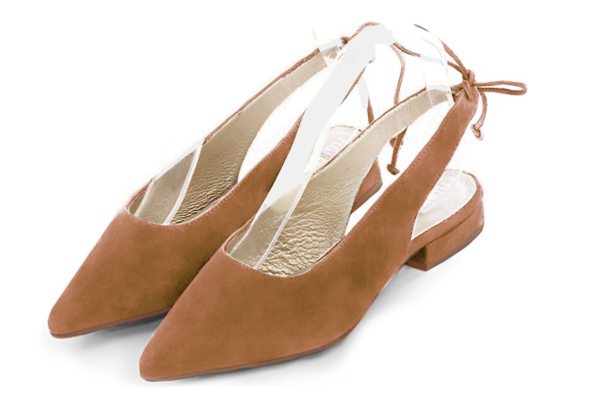 Camel beige women's slingback shoes. Pointed toe. Flat flare heels. Front view - Florence KOOIJMAN